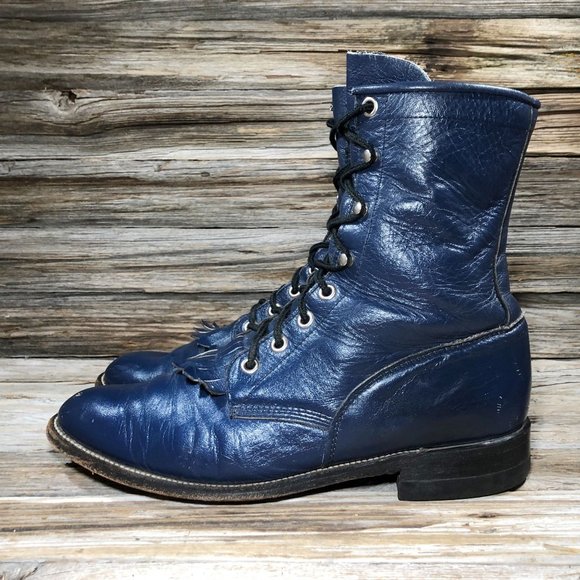 VINTAGE Justin Boot L0527 Western Kiltie Roper Blue Leather Boots Women US 7.5 N - Picture 2 of 10